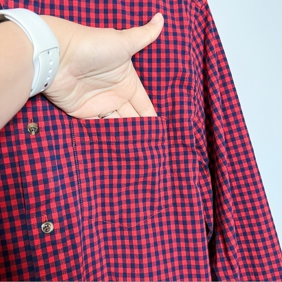 Old Navy Red Navy Gingham Plaid Everyday Slim Fit Built in Flex Dress Shirt Med - Picture 6 of 6